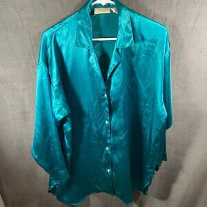 VTG victorias secret women top large satin blue pearl button sexy silky